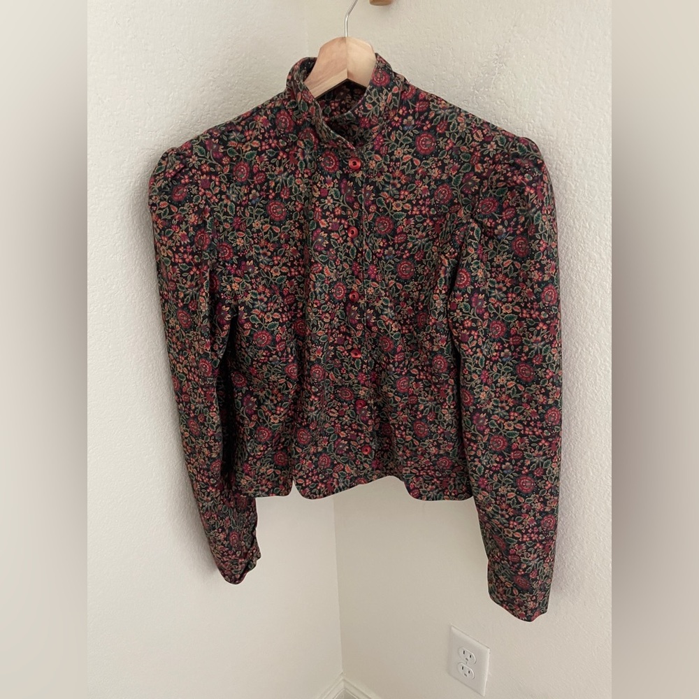 Vintage handmade brown red floral 2 piece set midi skirt and puff sleeve jacket - Picture 3 of 13